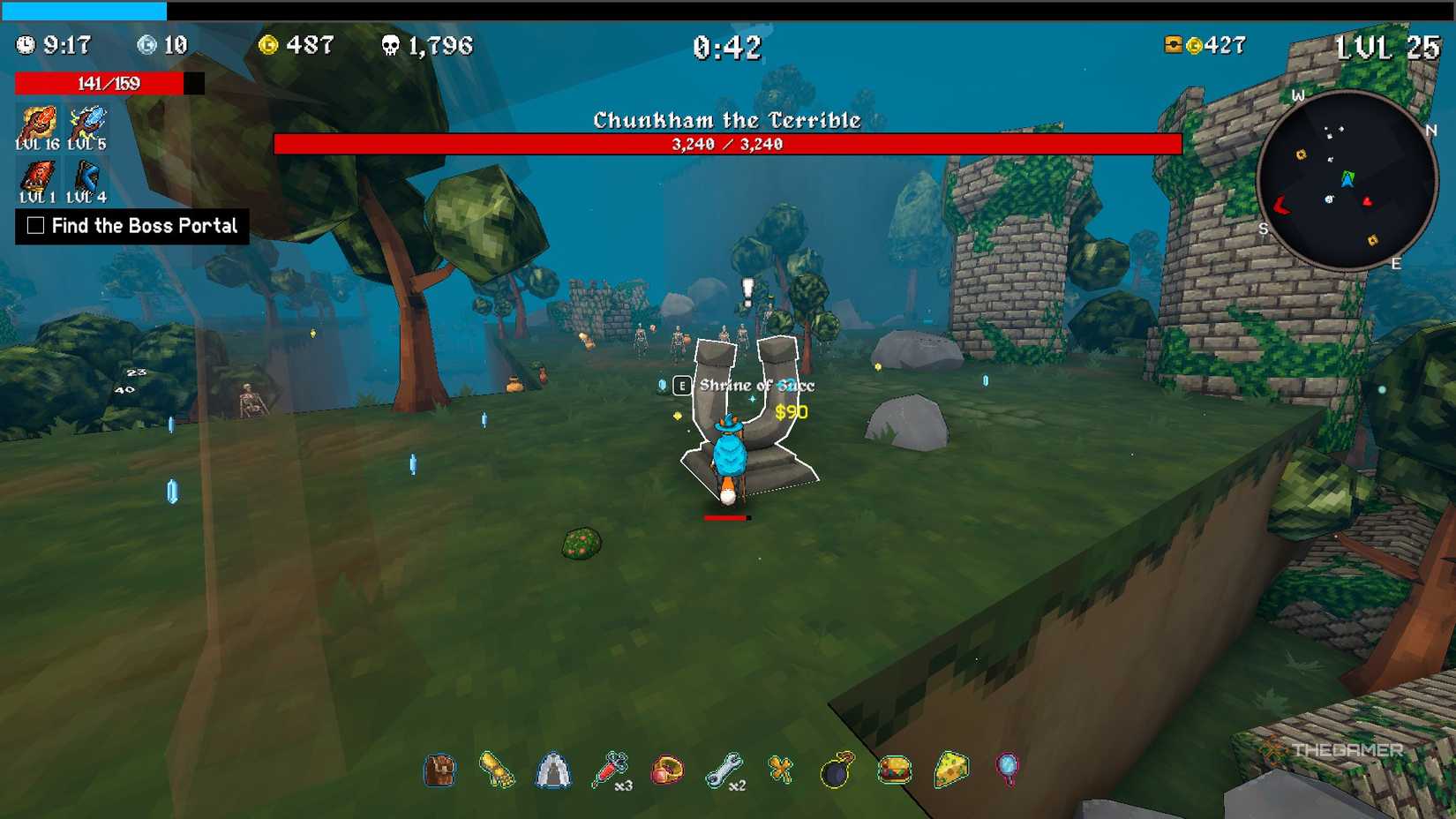 Character in Megabonk at a magnet Shrine.