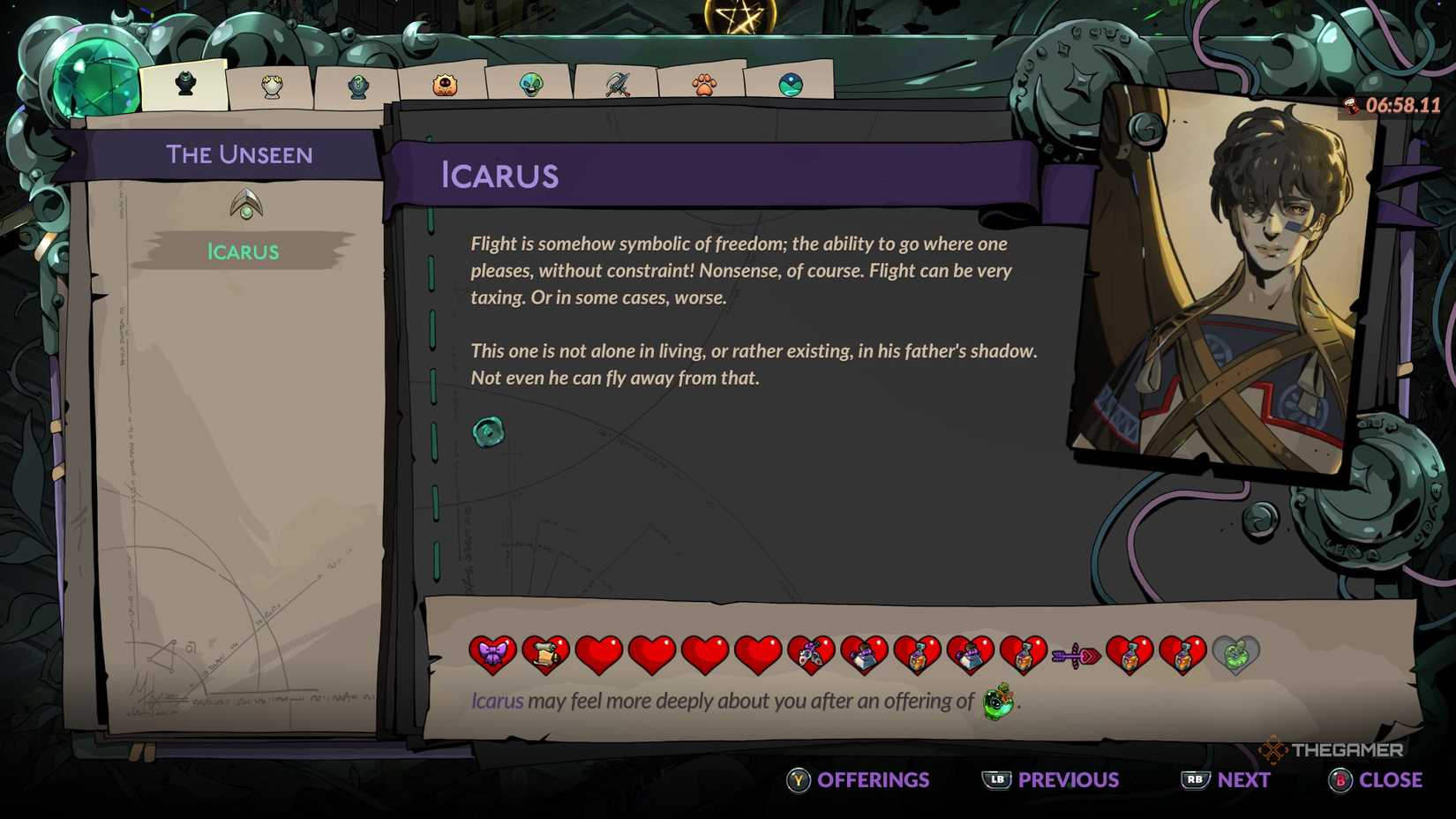 Melinoe inspects Icarus's journal entry to learn what he needs for romance in Hades 2.