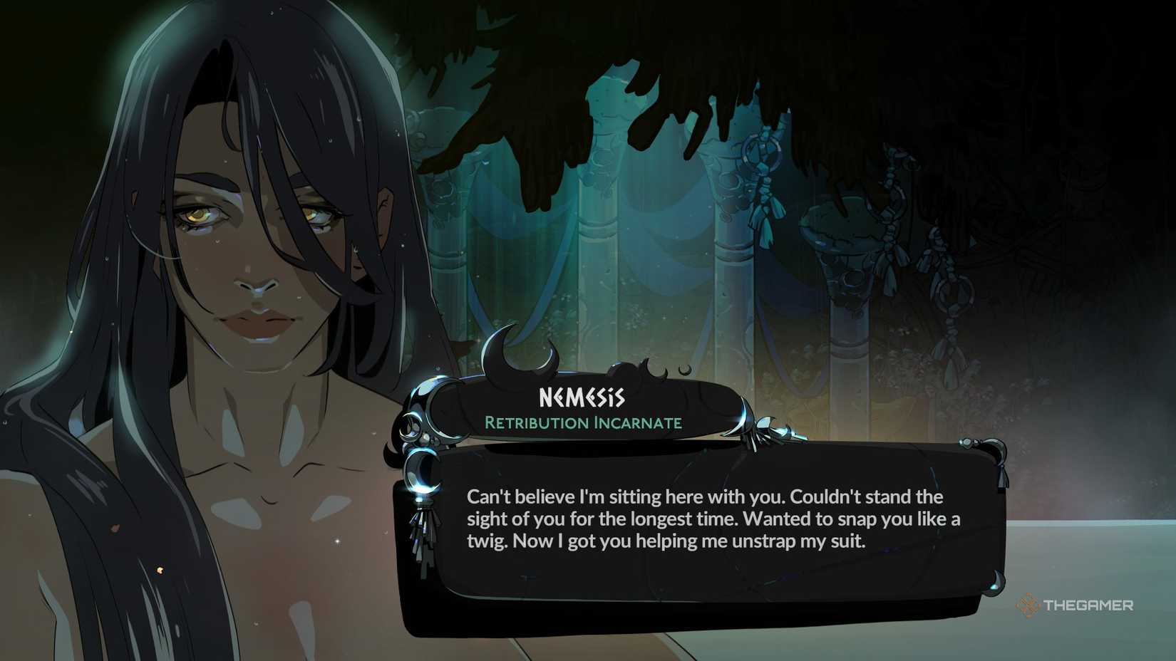 Nemesis takes a bath with Melinoe in Hades 2.