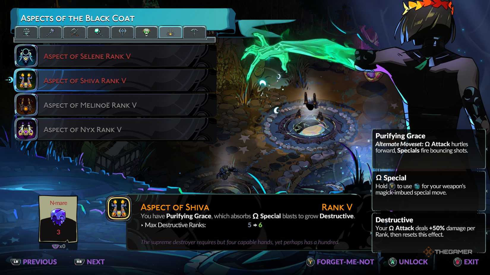 Melinoe upgrades the Black Coat Aspect of Shiva in Hades 2.