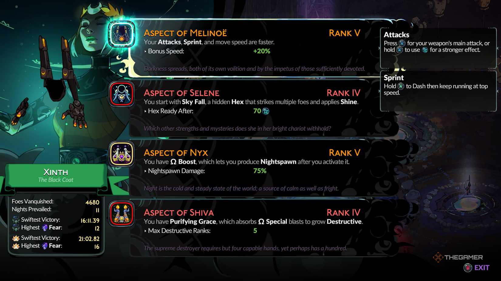 Melinoe inspects all the aspects of Xinth the Black Coat in Hades 2.