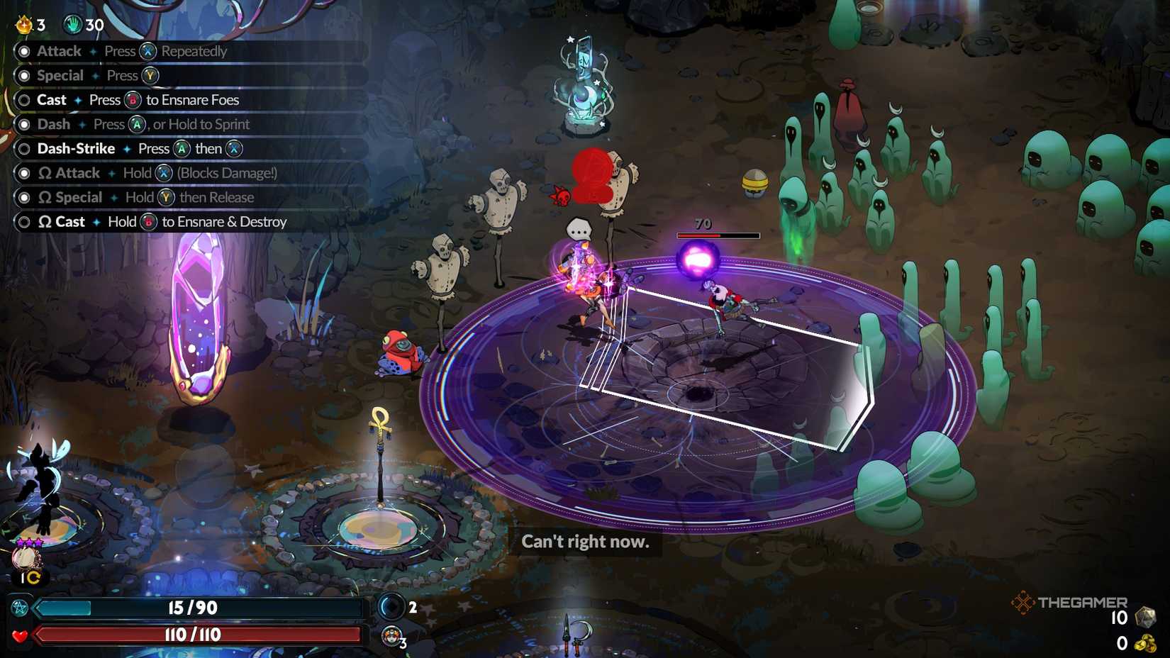 Melinoe tries the Aspect of Shiva Omega moves on Skelly in Hades 2.