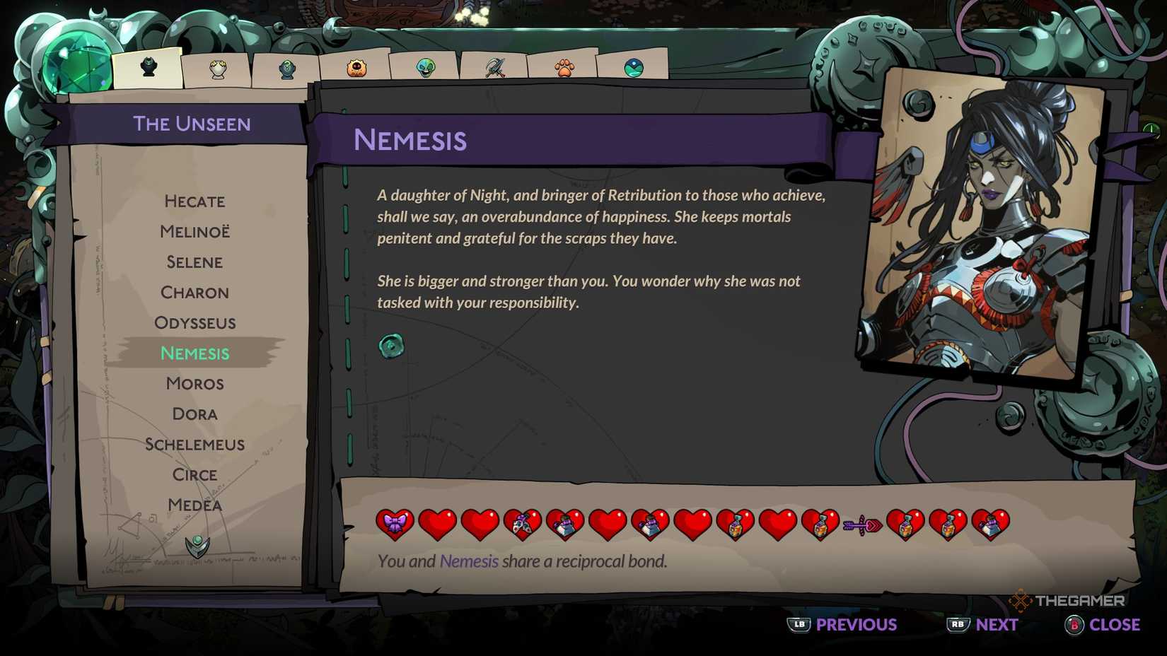 Melinoe reads the journal description of Nemesis in Hades 2.