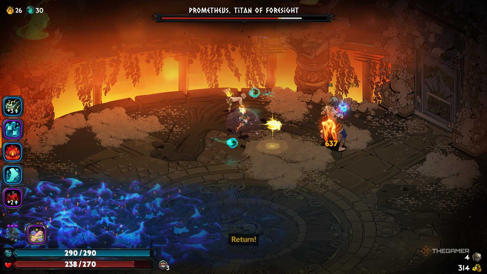 Melinoe fights Prometheus with the torches Supay in Hades 2.