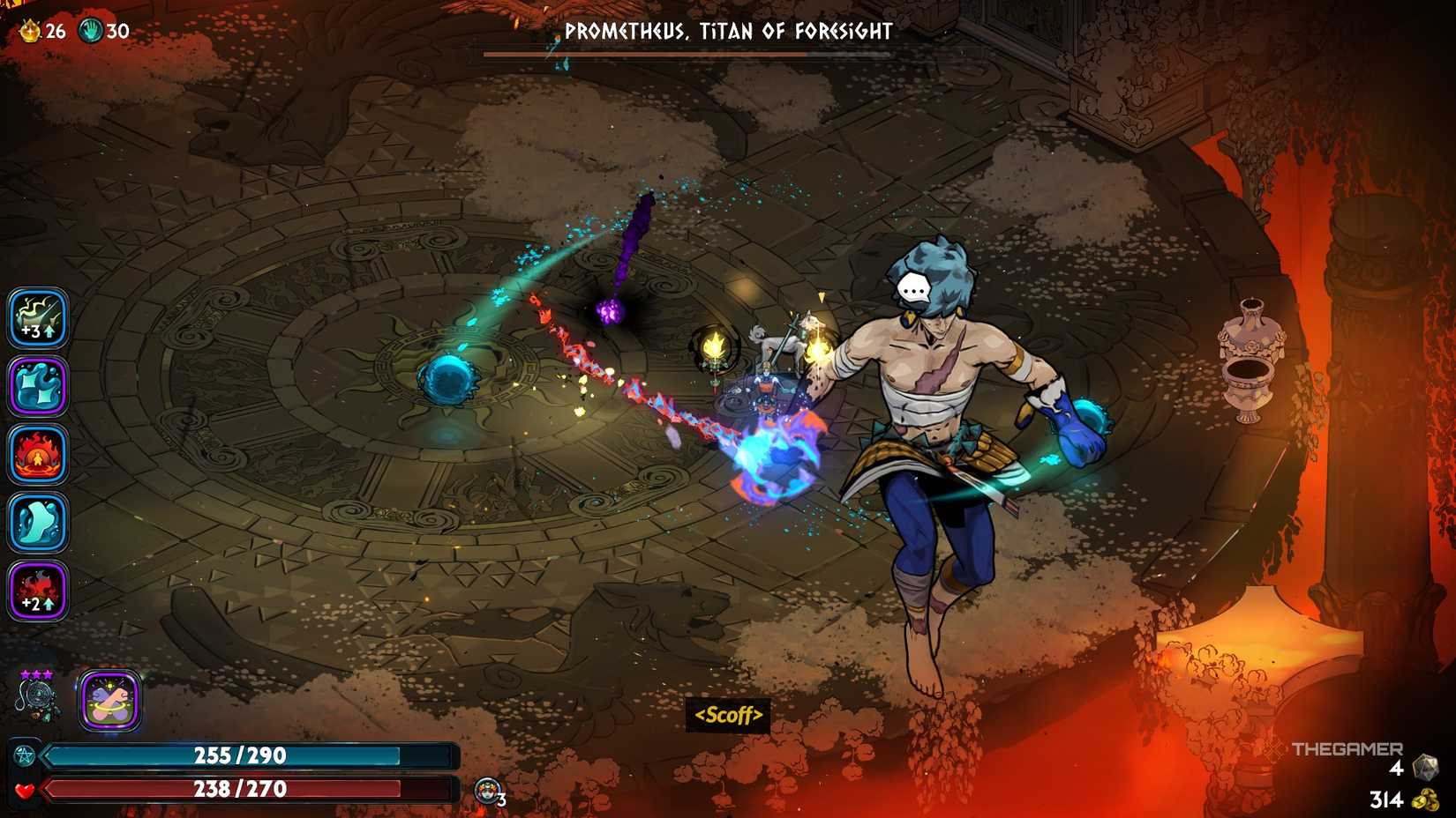 Prometheus jumps out of frame to begin attacking Melinoe with the Flames of Foresight memory game in Hades 2.