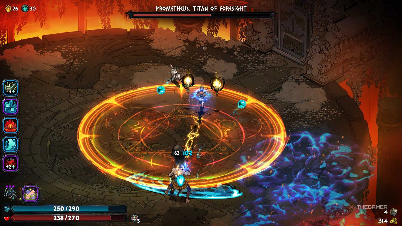 Melinoe creates a large cast circle in front of Prometheus during their fight in Hades 2.