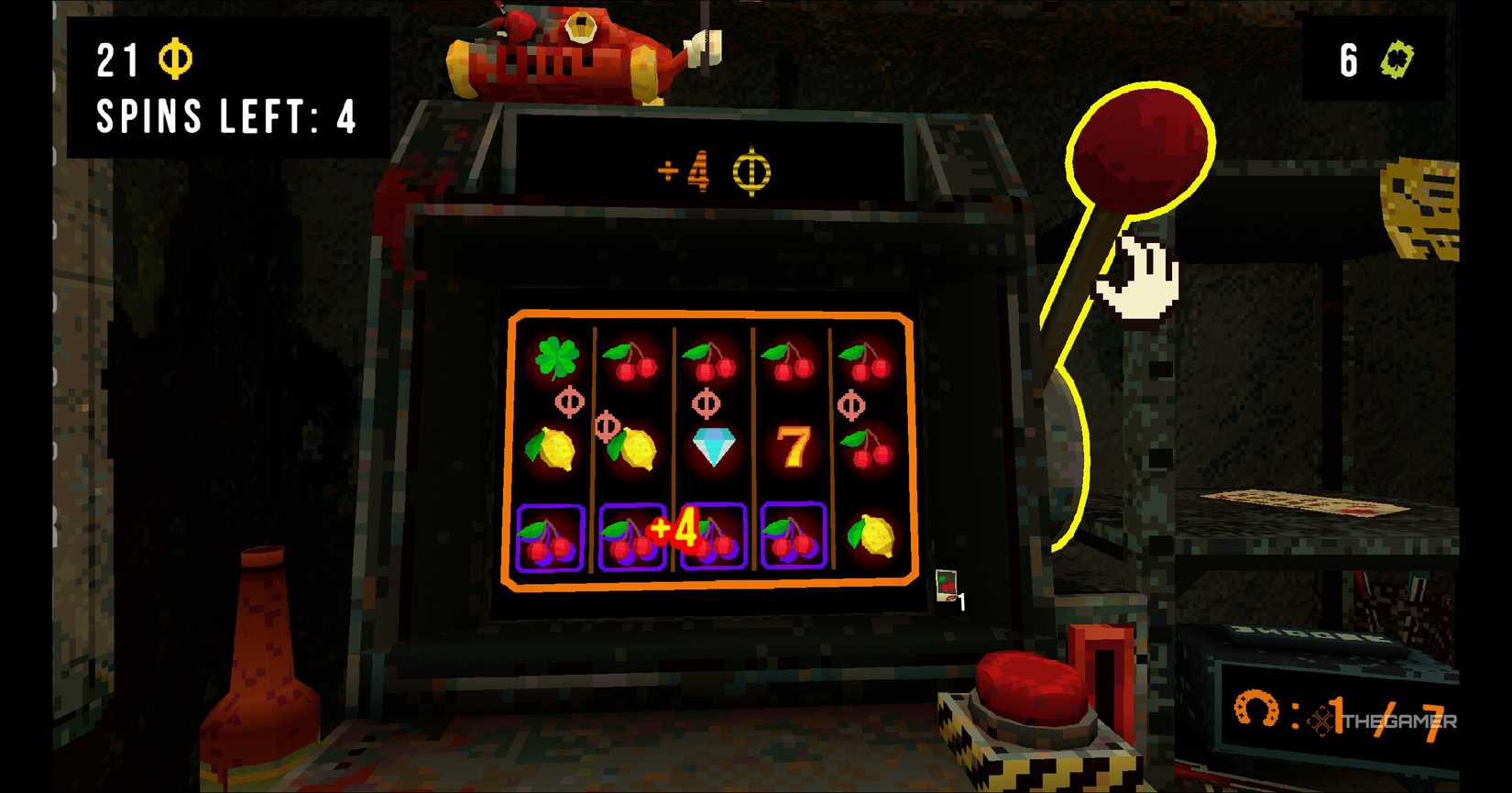 Slot machine being pulled in the game CloverPit.