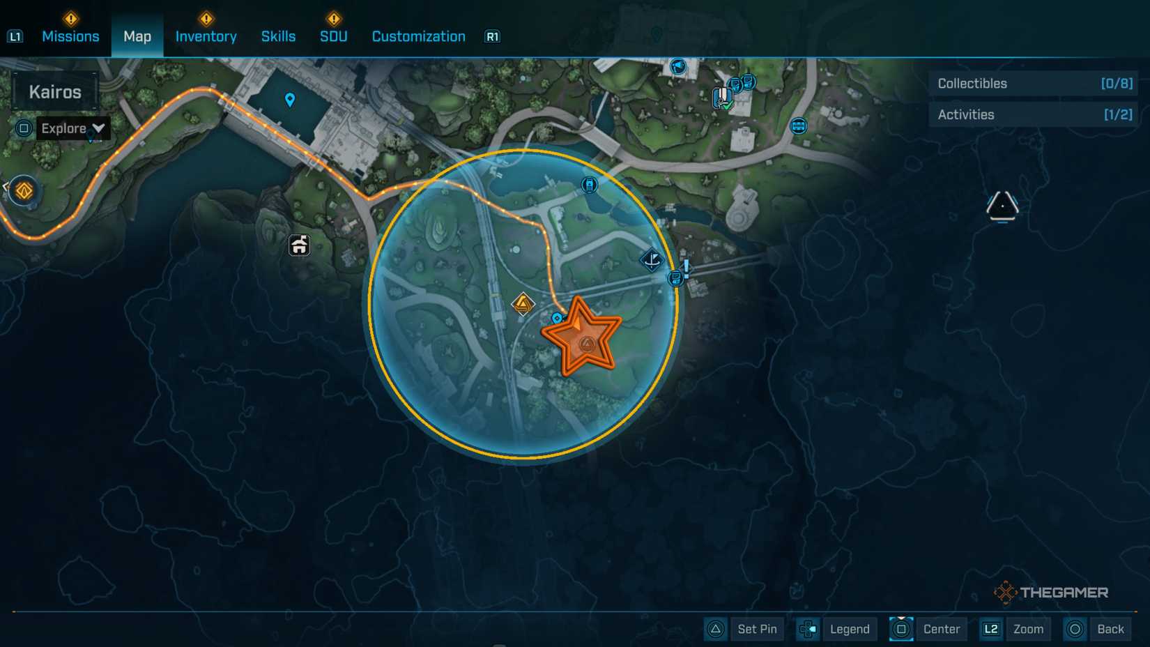 Close up of a map of the southern end of Kairos with an orange star edited onto the third Vault Key Fragment location in Borderlands 4.