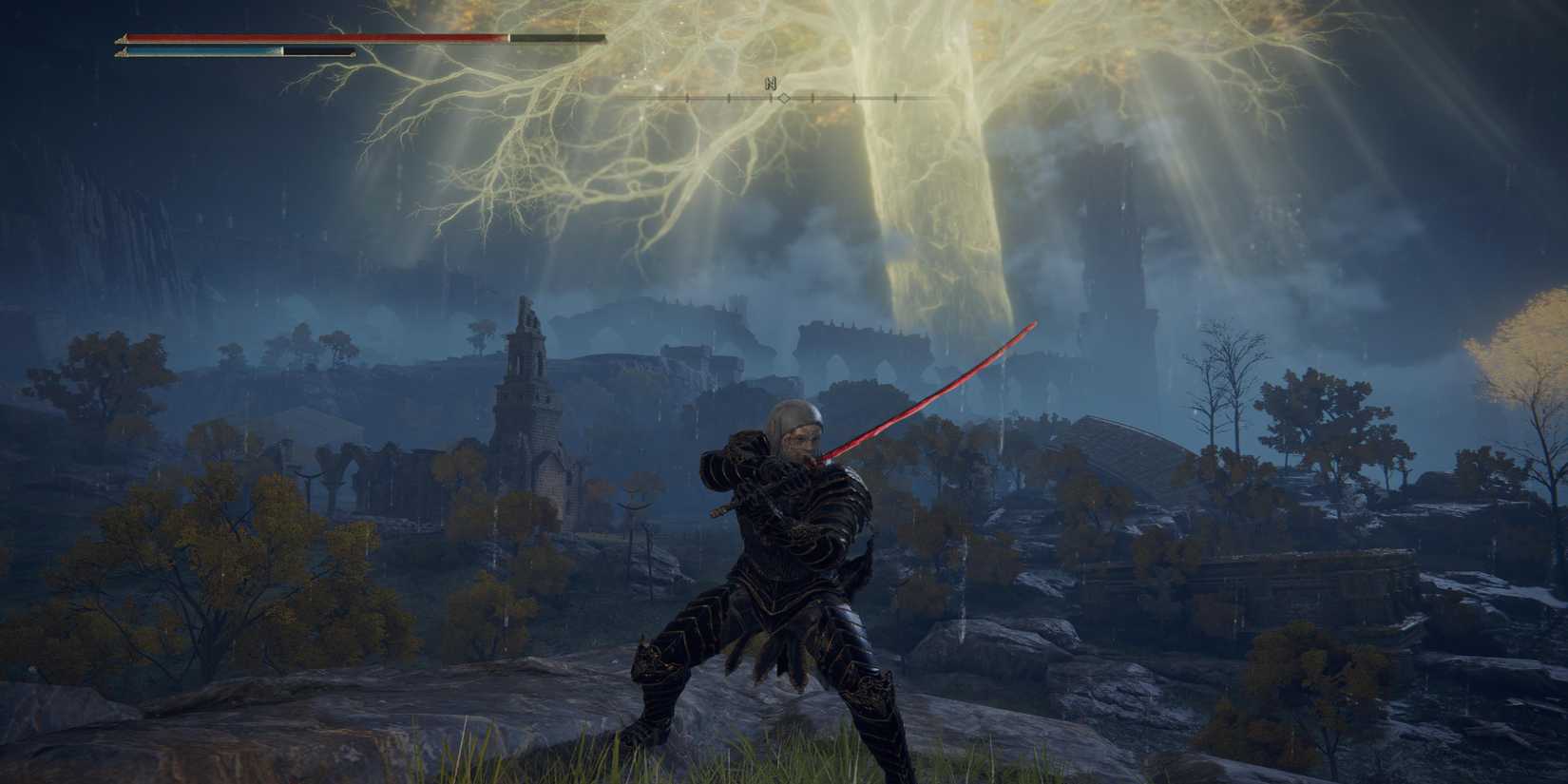The Tarnished guarding with Rivers Of Blood in front of Erdtree in Elden Ring.