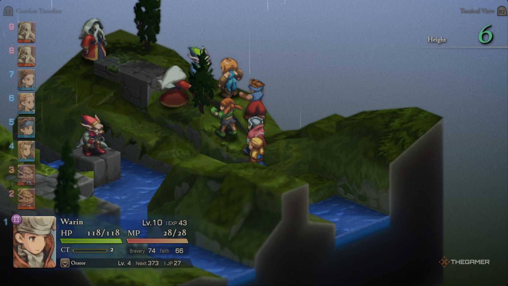 A battle between humans and monsters by the side of a river in Final Fantasy Tactics The Ivalice Chronicles.