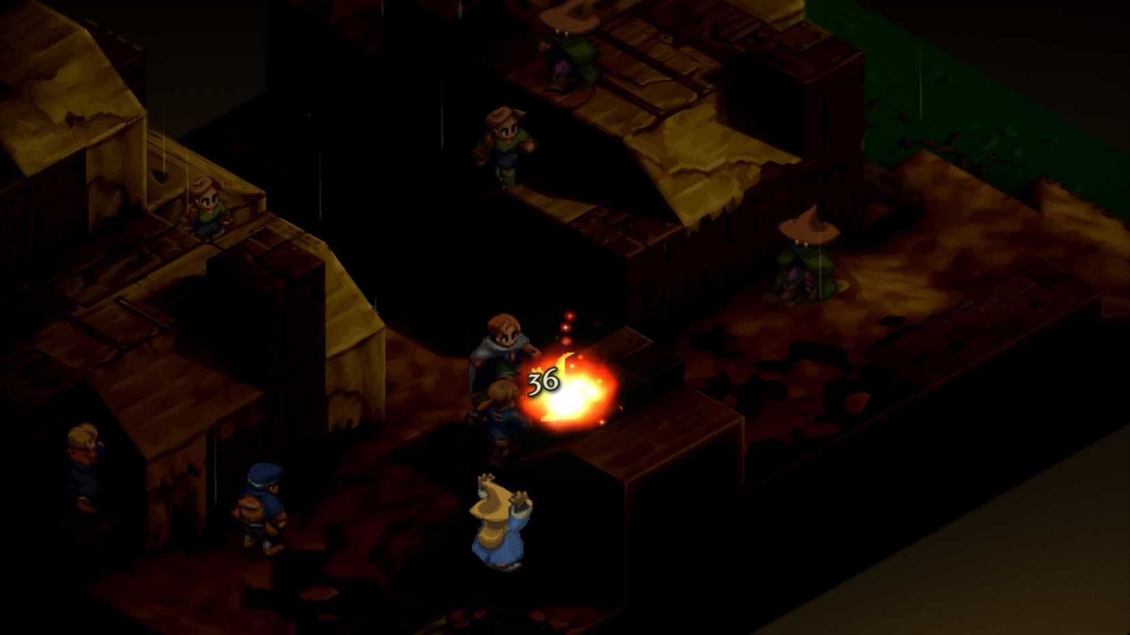 A Black Mage casting Fire on an enemy Knight in the Dorter Slums battle in Final Fantasy Tactics The Ivalice Chronicles.