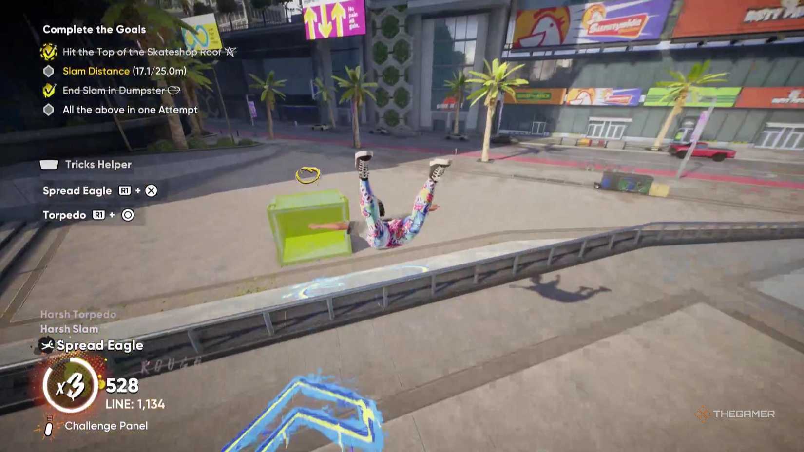 A character glides toward a yellow glowing dumpster in Skate.