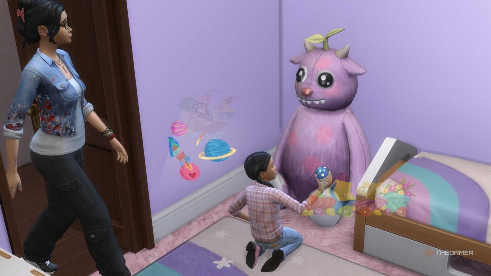 A child Sim playing with her stuffed toy as her mum walks in.