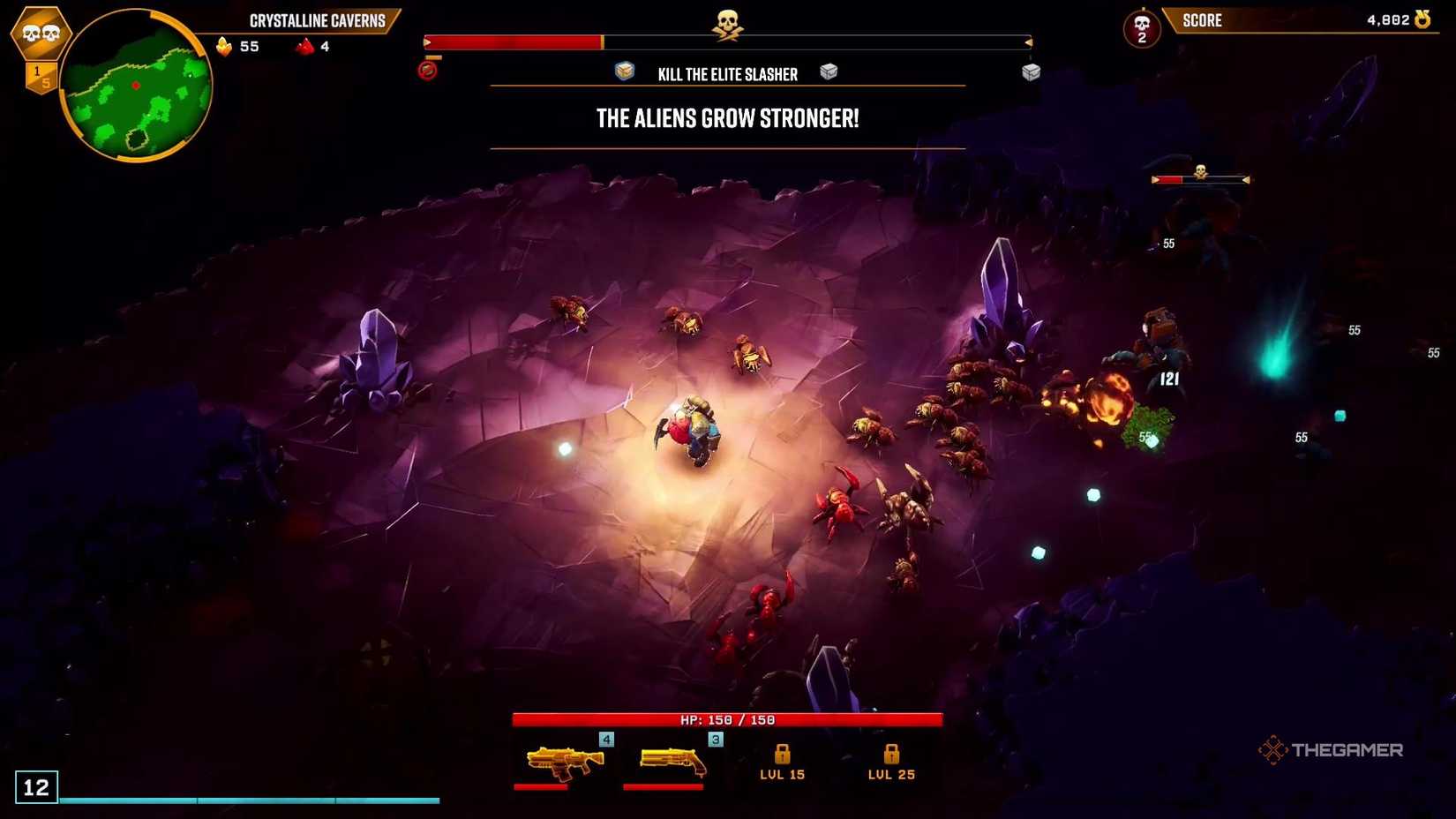 A Dwarf splits between two groups of bug in Deep Rock Galactic Survivor.