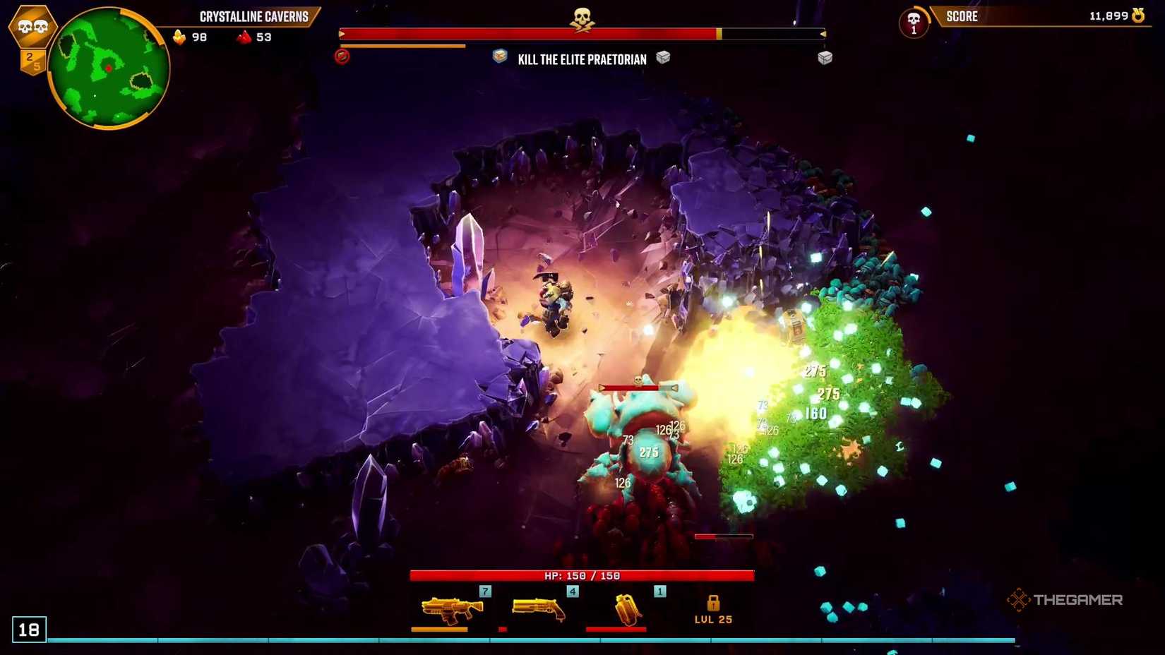 A group of bugs explode in Deep Rock Galactic Survivor.