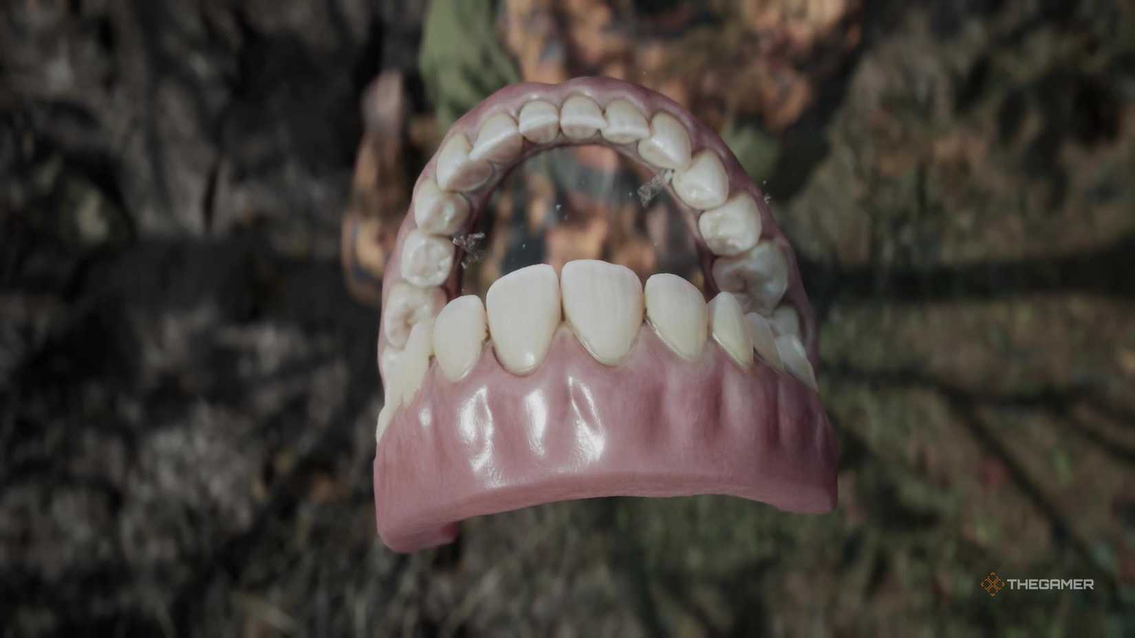 A pair of dentures fly into the sky in Metal Gear Solid Delta Snake Eater.