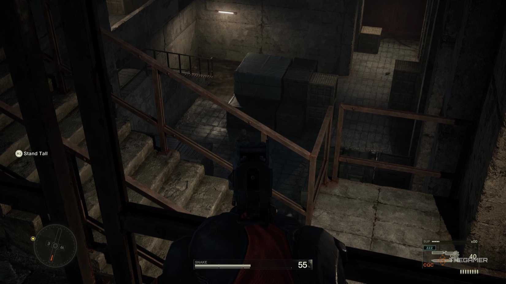 A pistol aims at a soldier in Metal Gear Solid Delta Snake Eater.