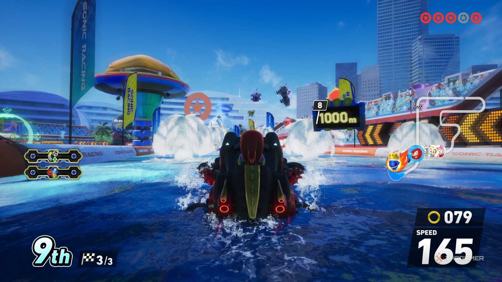 A Red Star Ring above a water spout in Sonic Racing CrossWorlds.