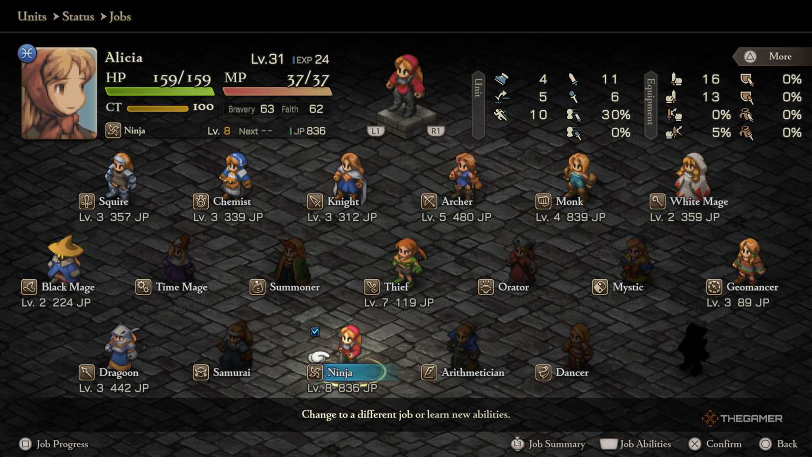 A unit's Change Job menu showing what she has access to in Final Fantasy Tactics The Ivalice Chronicles.