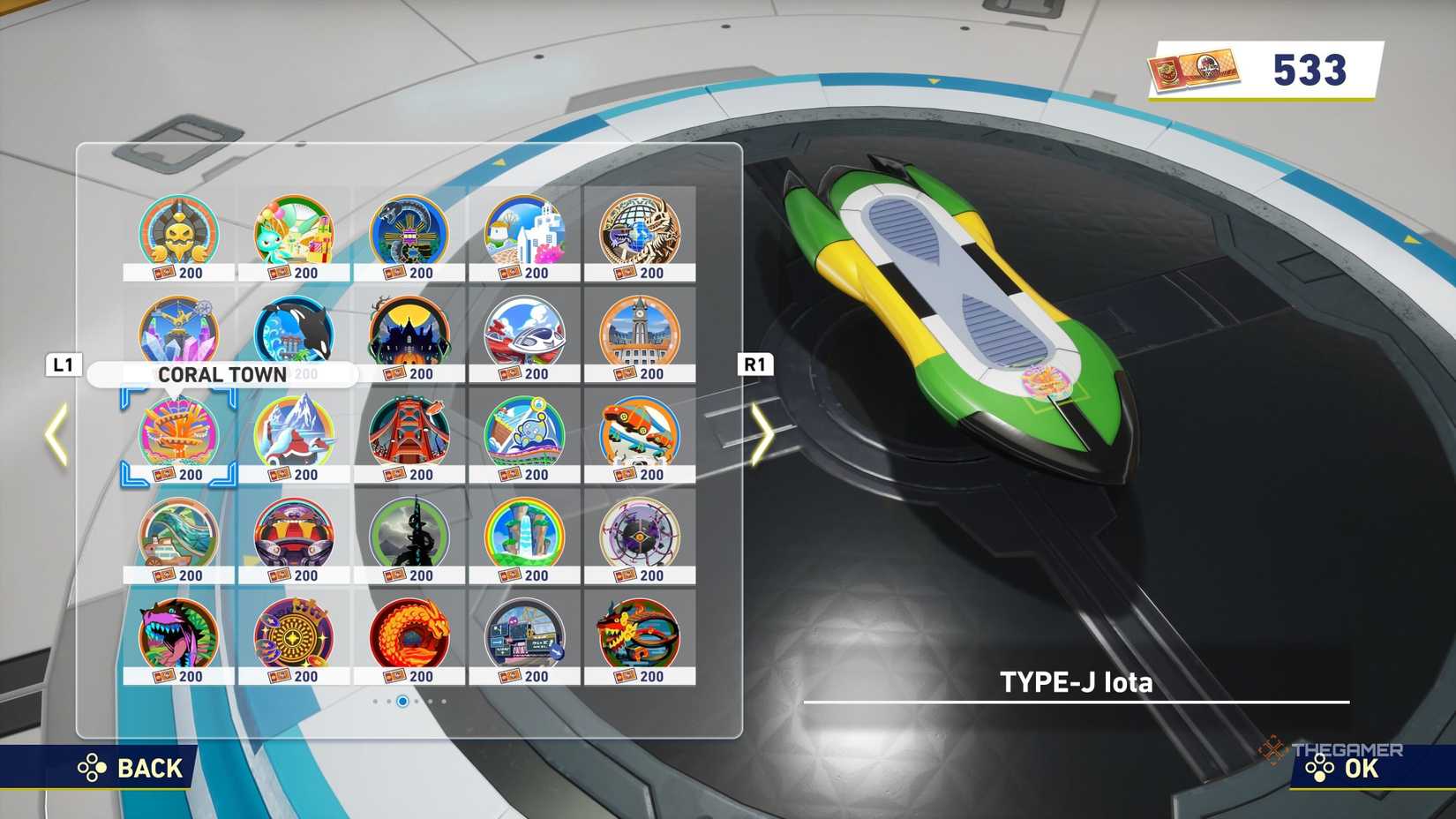 Adding a Coral Town sticker to a hoverboard in Sonic Racing CrossWorlds.