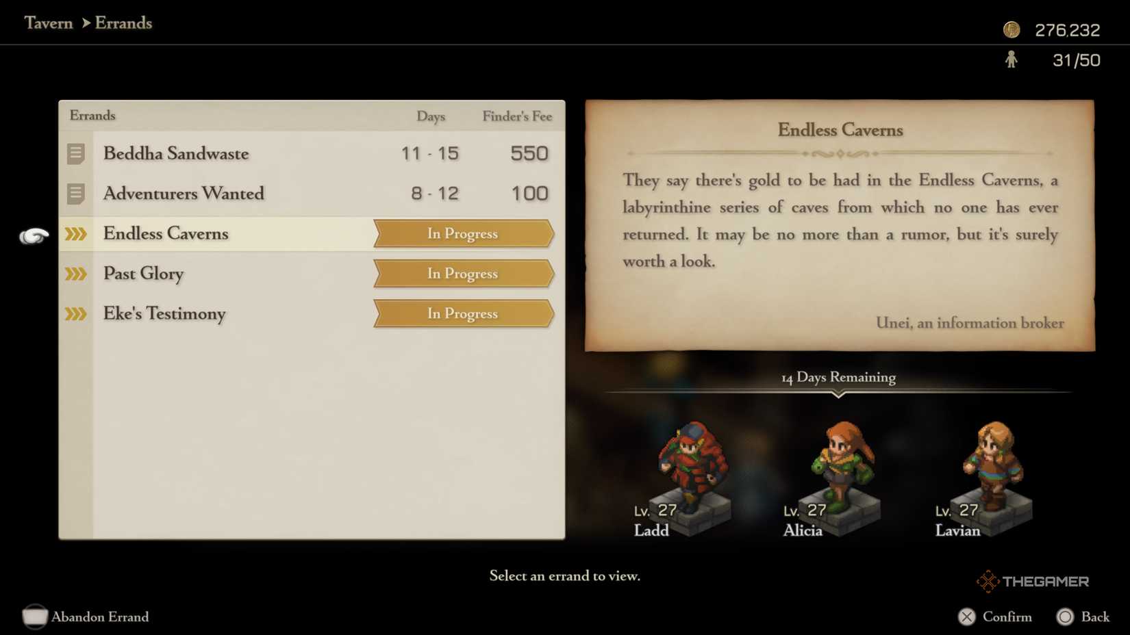 An errand screen with a few errands in progress in Final Fantasy Tactics The Ivalice Chronicles.