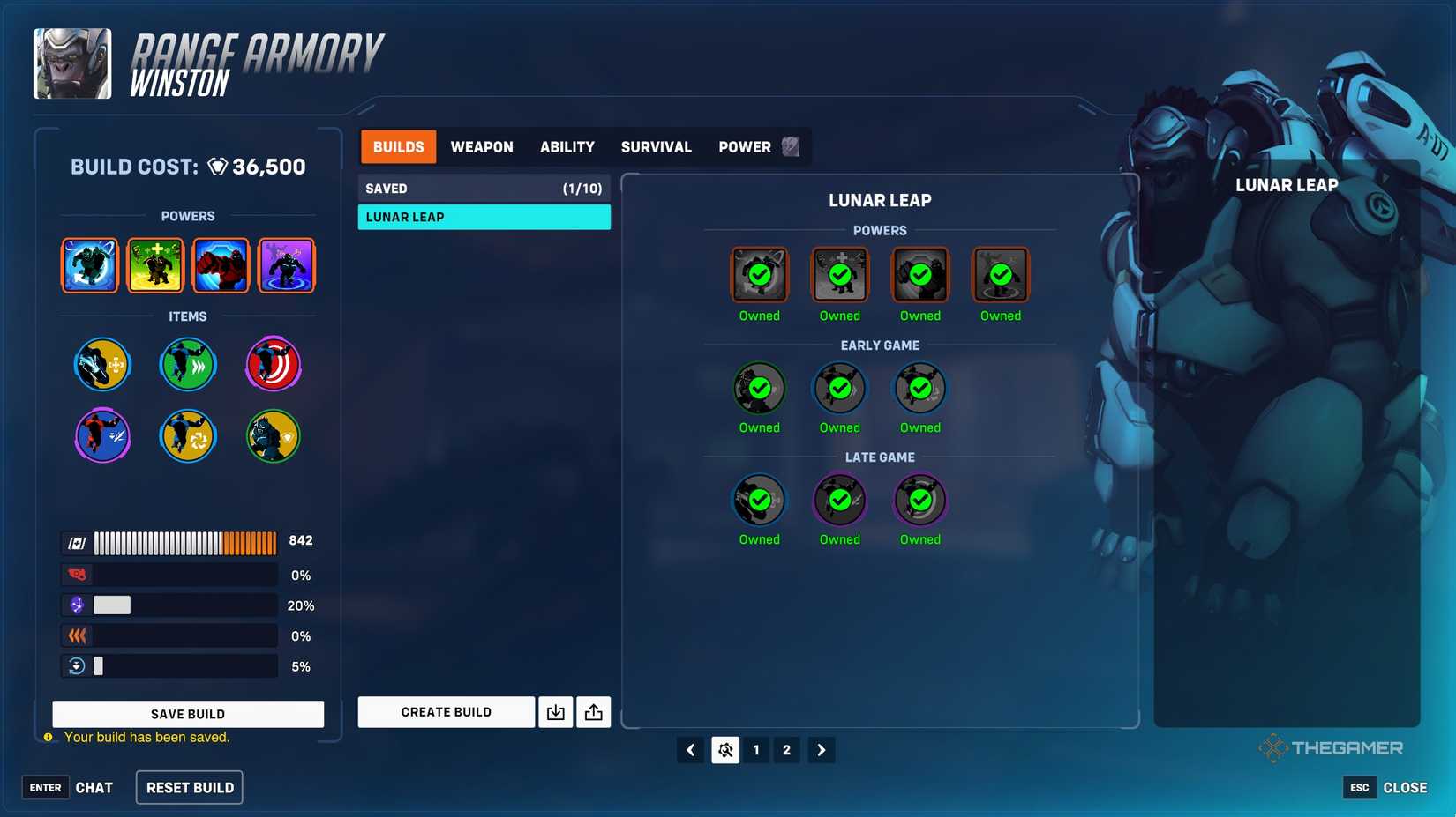 An example of a built out Lunar Leap Stadium build for Overwatch 2's Winston.