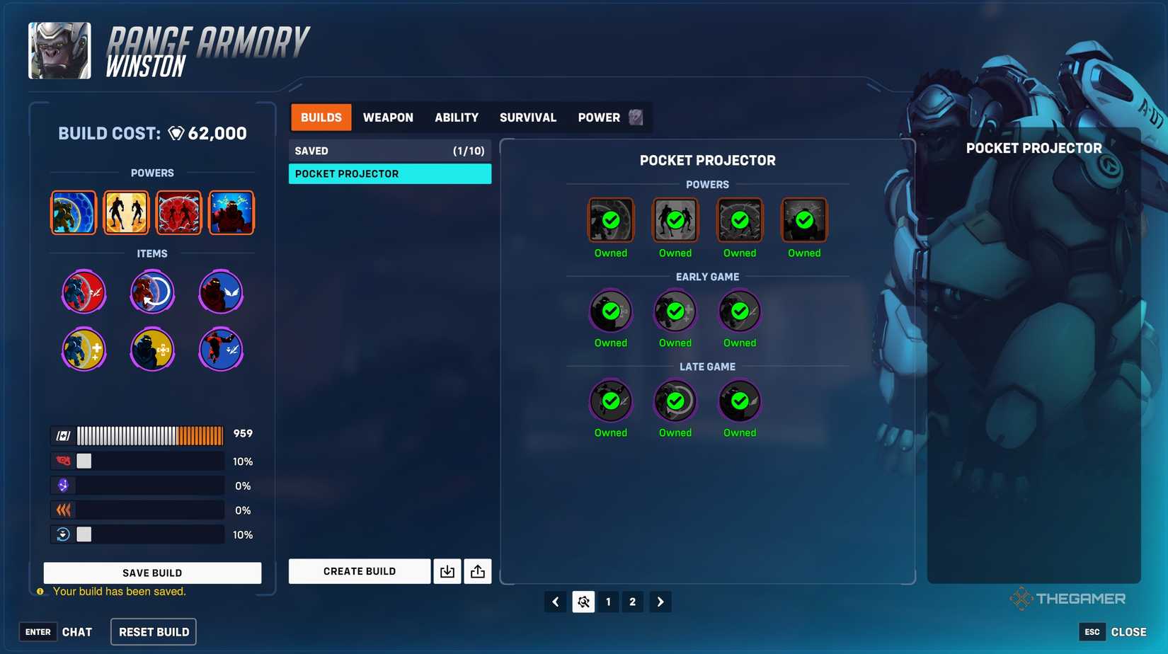 An example of a built out Pocket Projector Stadium build for Overwatch 2's Winston.