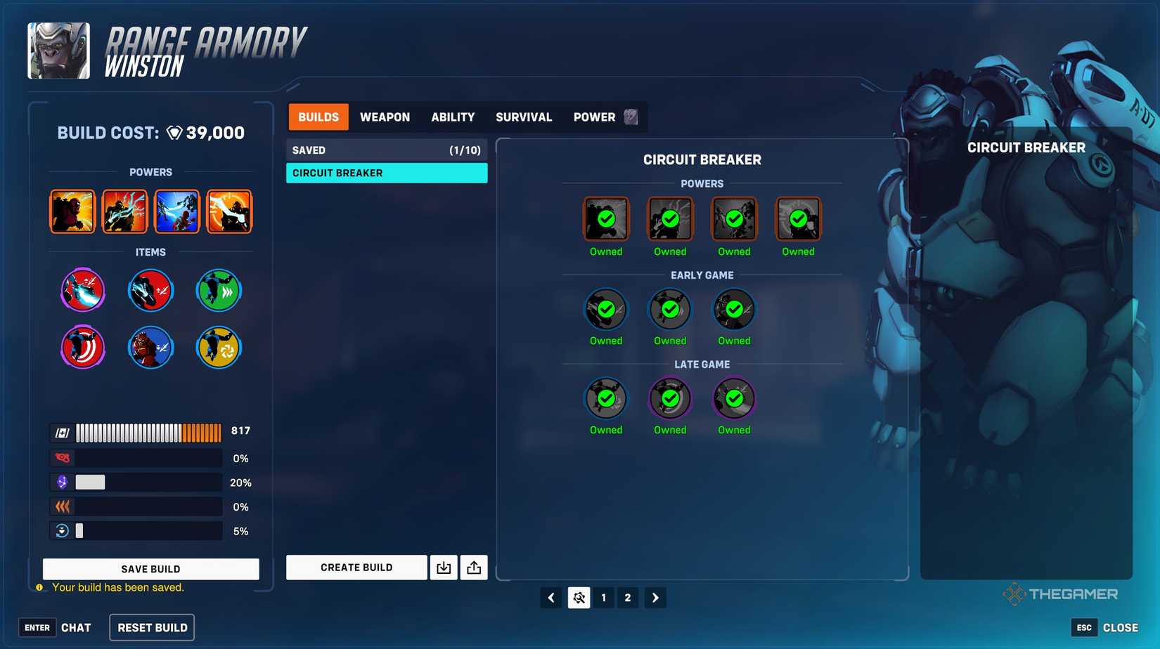 An example of a built out Stadium build for Overwatch 2's Winston.