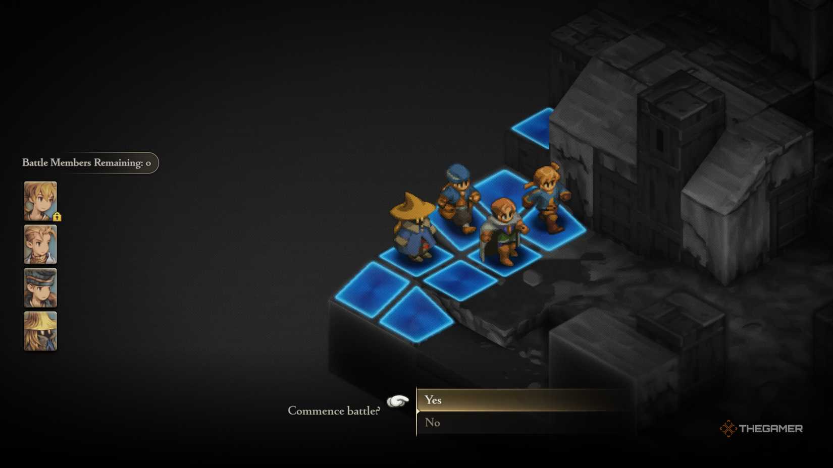 An example party setup in the Dorter Slums battle in Final Fantasy Tactics The Ivalice Chronicles.
