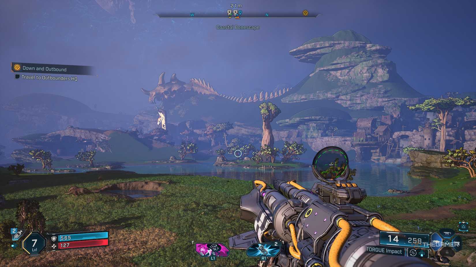Looking out at a vista featuring a skeleton in Borderlands 4.
