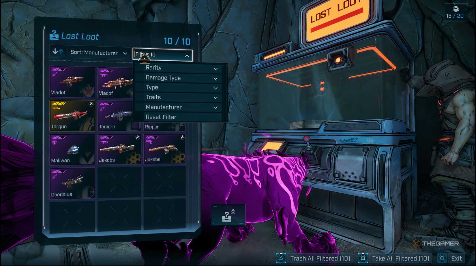 The player in the Lost Loot Machines inventory navigating the filter system in Borderlands 4.