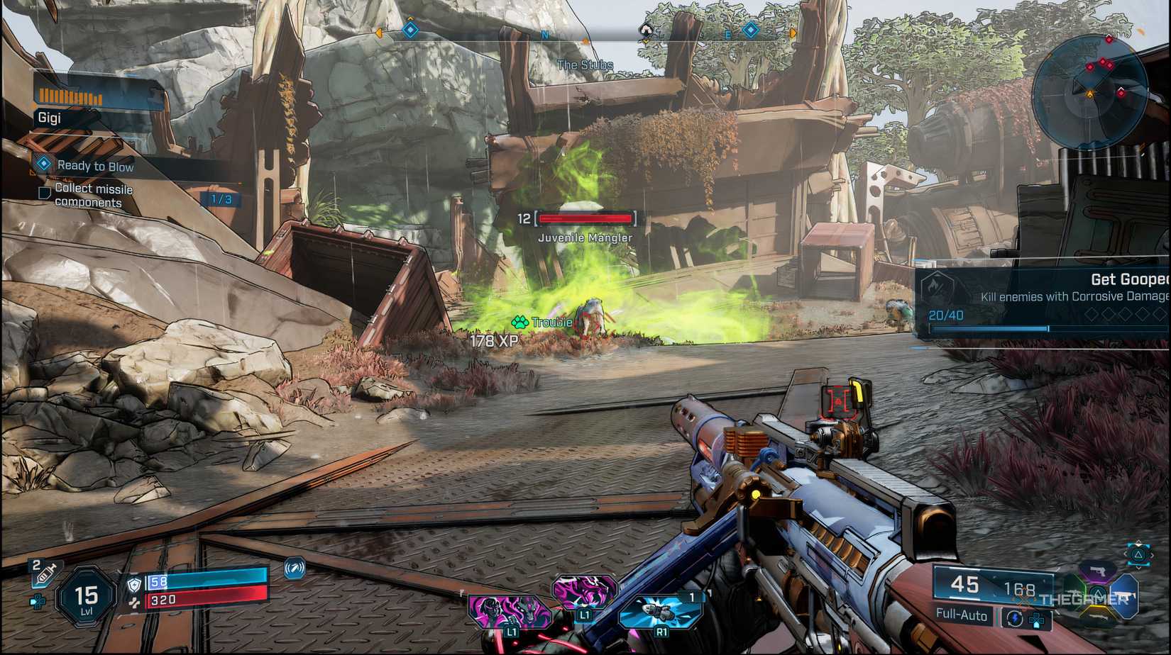 The player looking at enemies in acid after throwing a Grenade mod with acid effects in Borderlands 4. 