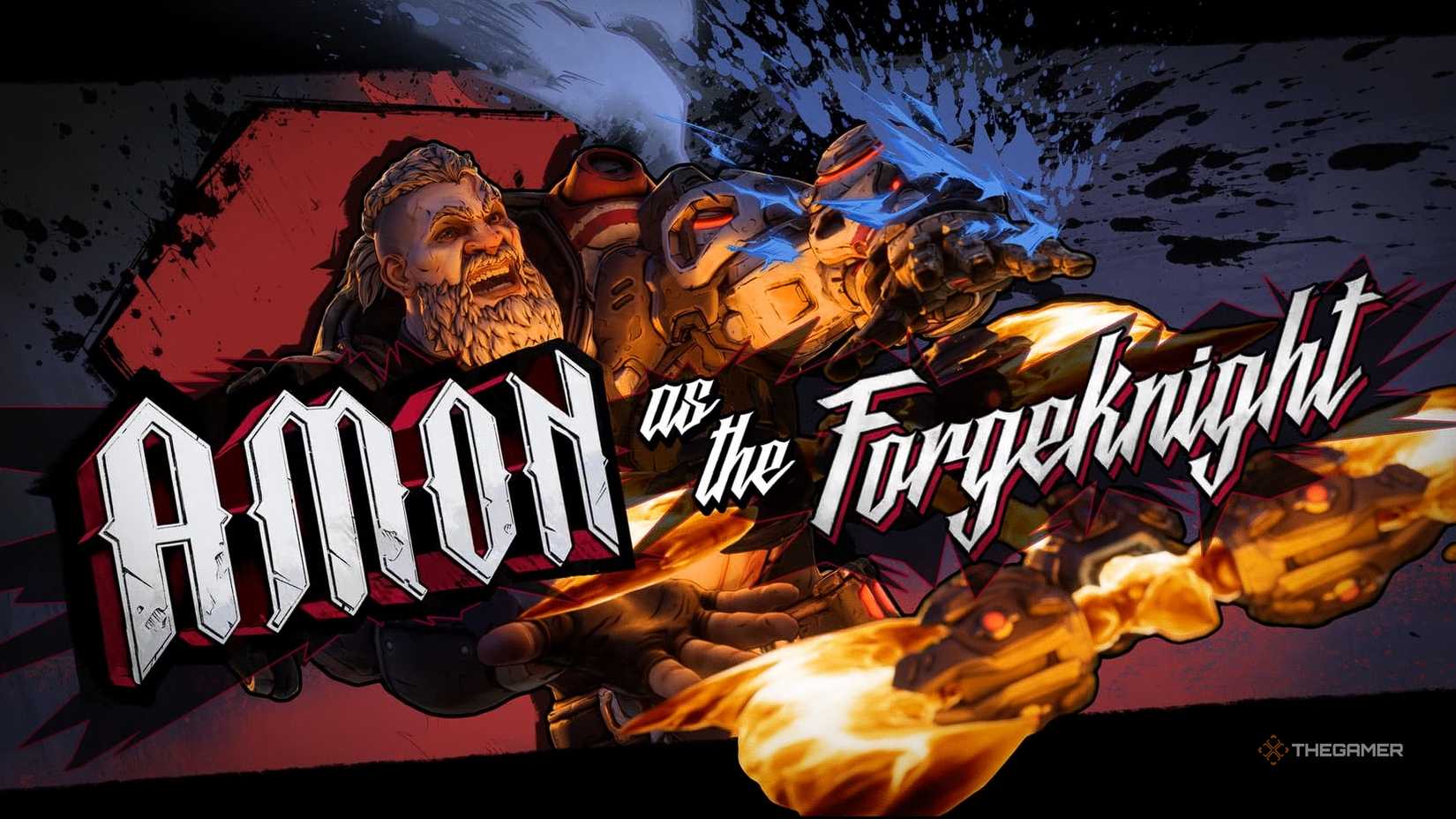 Borderlands 4 Amon the Forgeknight title screen surrounded in fire.