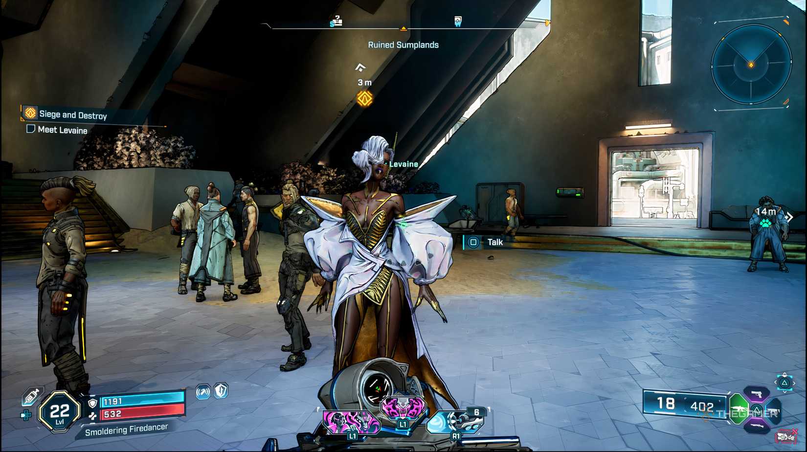 The player walking towards Levaine in Borderlands 4. There are other NPC around her in the main hall.