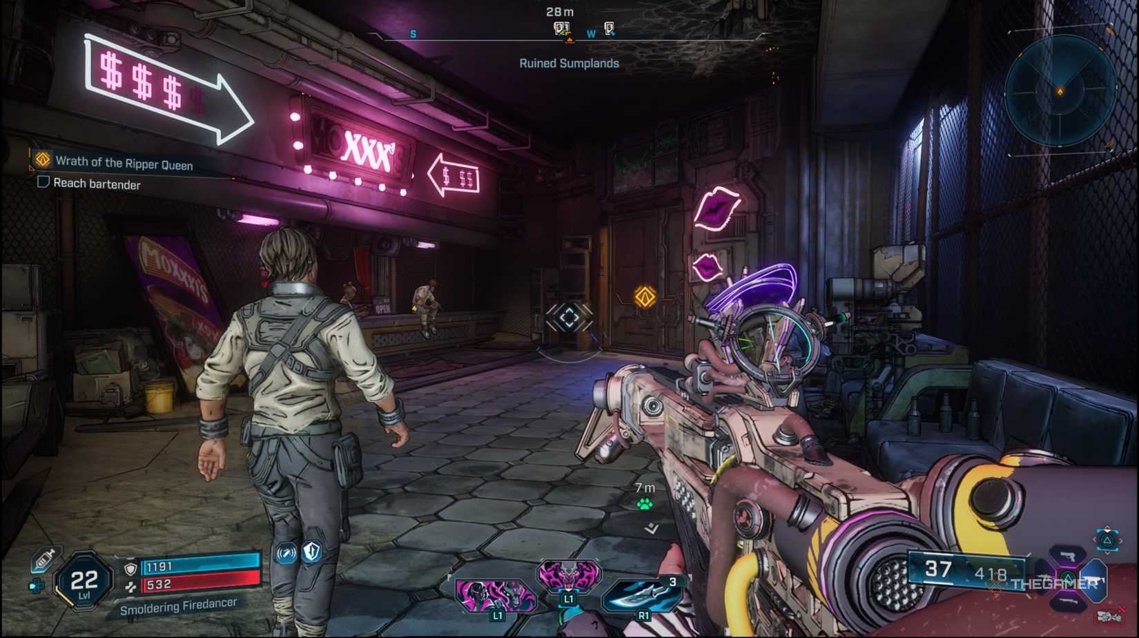 The player and Quent walking into Mad Moxxi's bar in Borderlands 4.