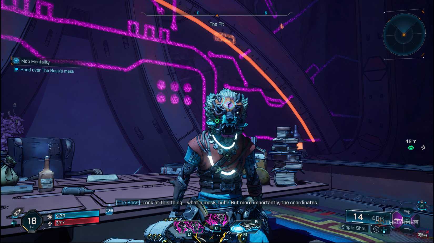The player looking at The Boss who is wearing the mask in Borderlands 4.