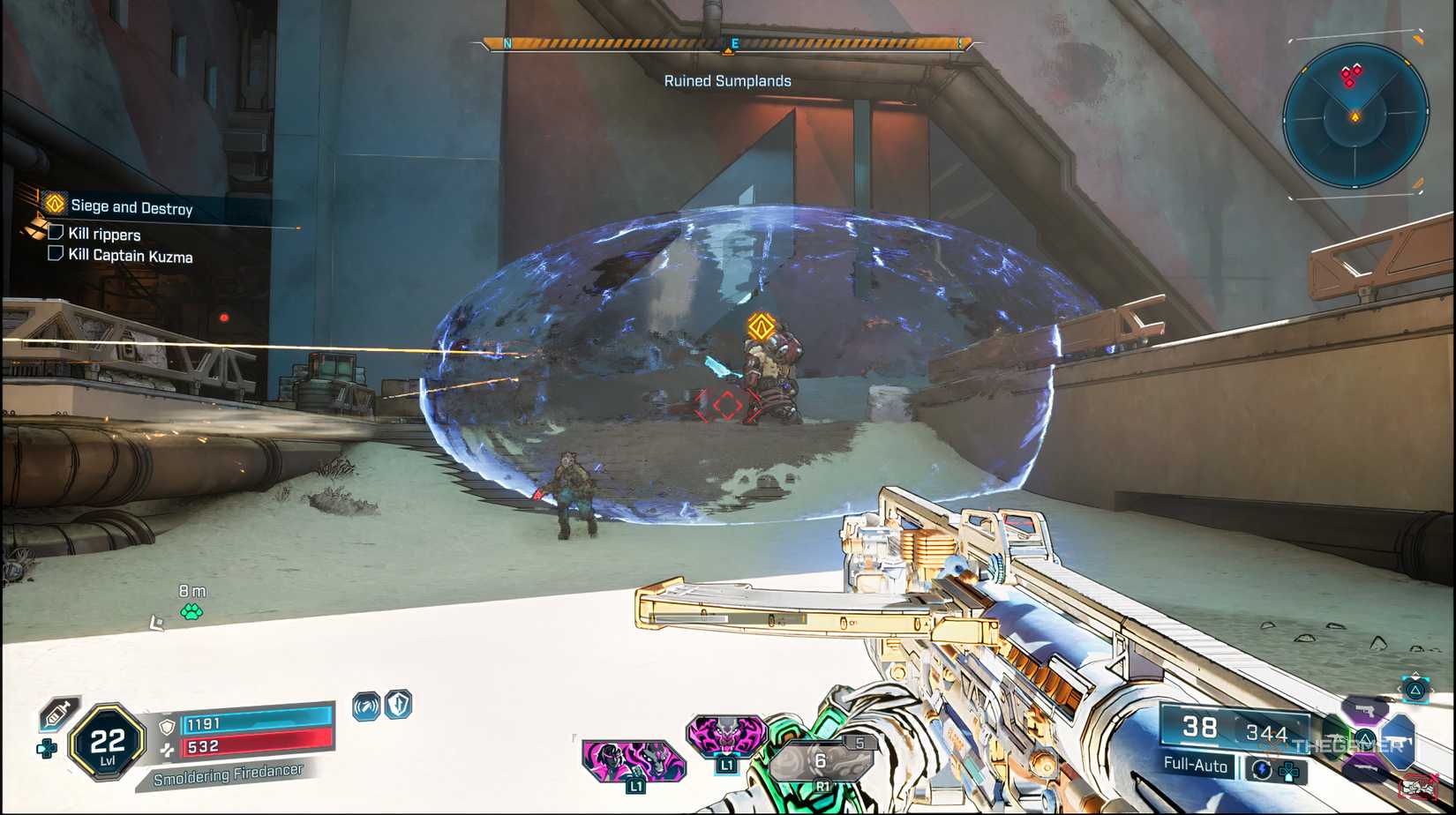 Captain Kuzma who has a shield around him walking towards the player in Borderlands 4.