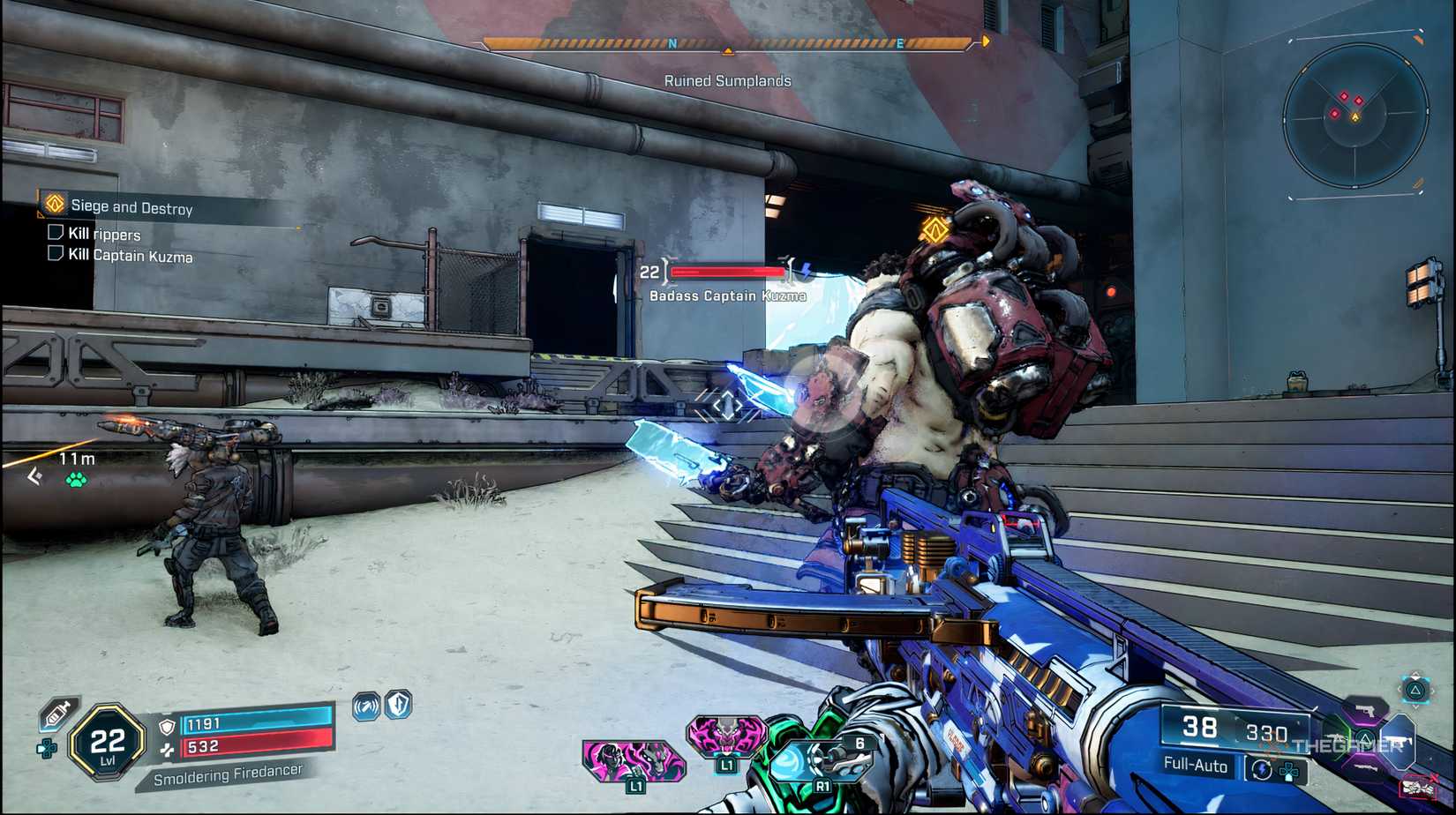 The player fighting Captain Kuzma who has his back turned towards the player in Borderlands 4.