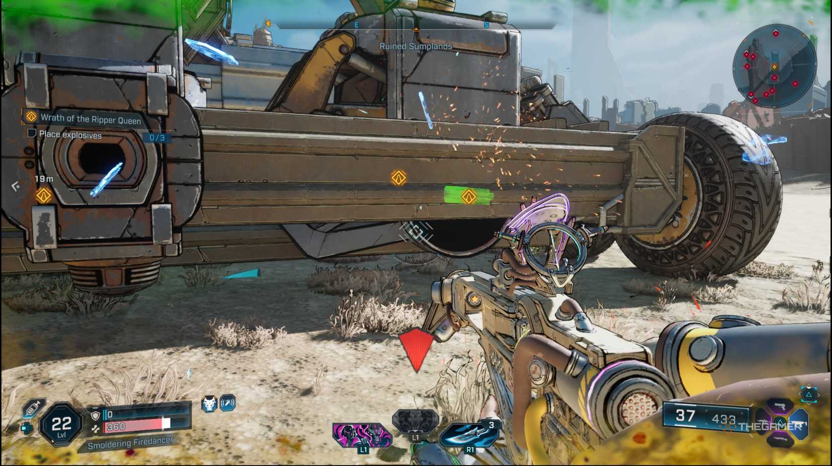 The player looking at the base of the catapult with postion of the explosive highlighted green in Borderlands 4. 
