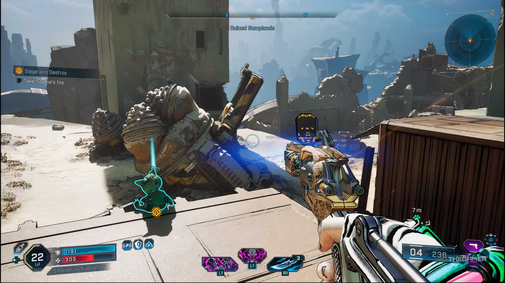 The player about to grab Sophia's chew toy which is ontop of a crate in Borderlands 4. 