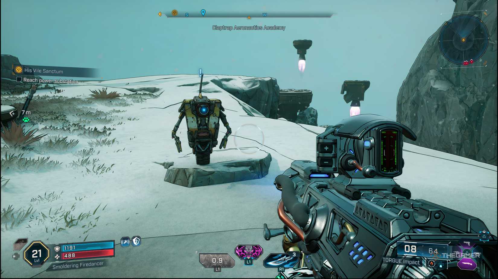The player looking at Claptrap with two jump points behind the robot in Borderlands 4.
