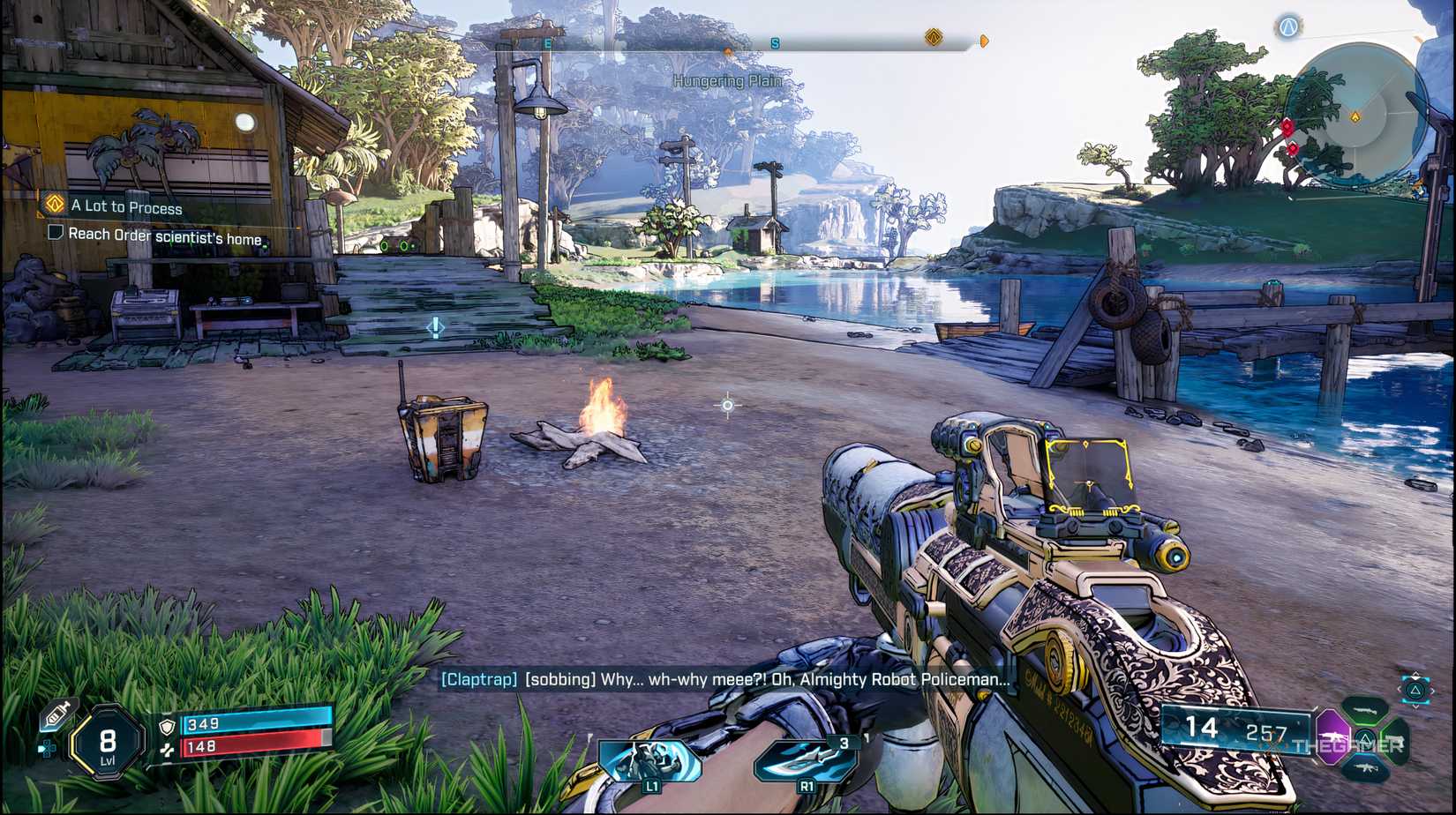 The player looking at Claptrap who is sitting infront of a fire on beach in Borderlands 4.