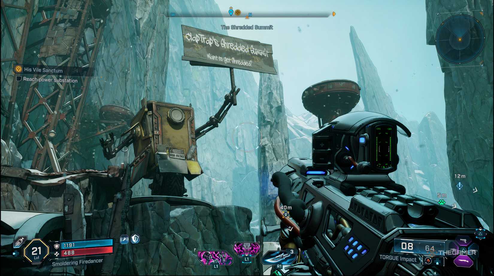 The player looking a large Claptrap statue holding a sign in Borderlands 4. 