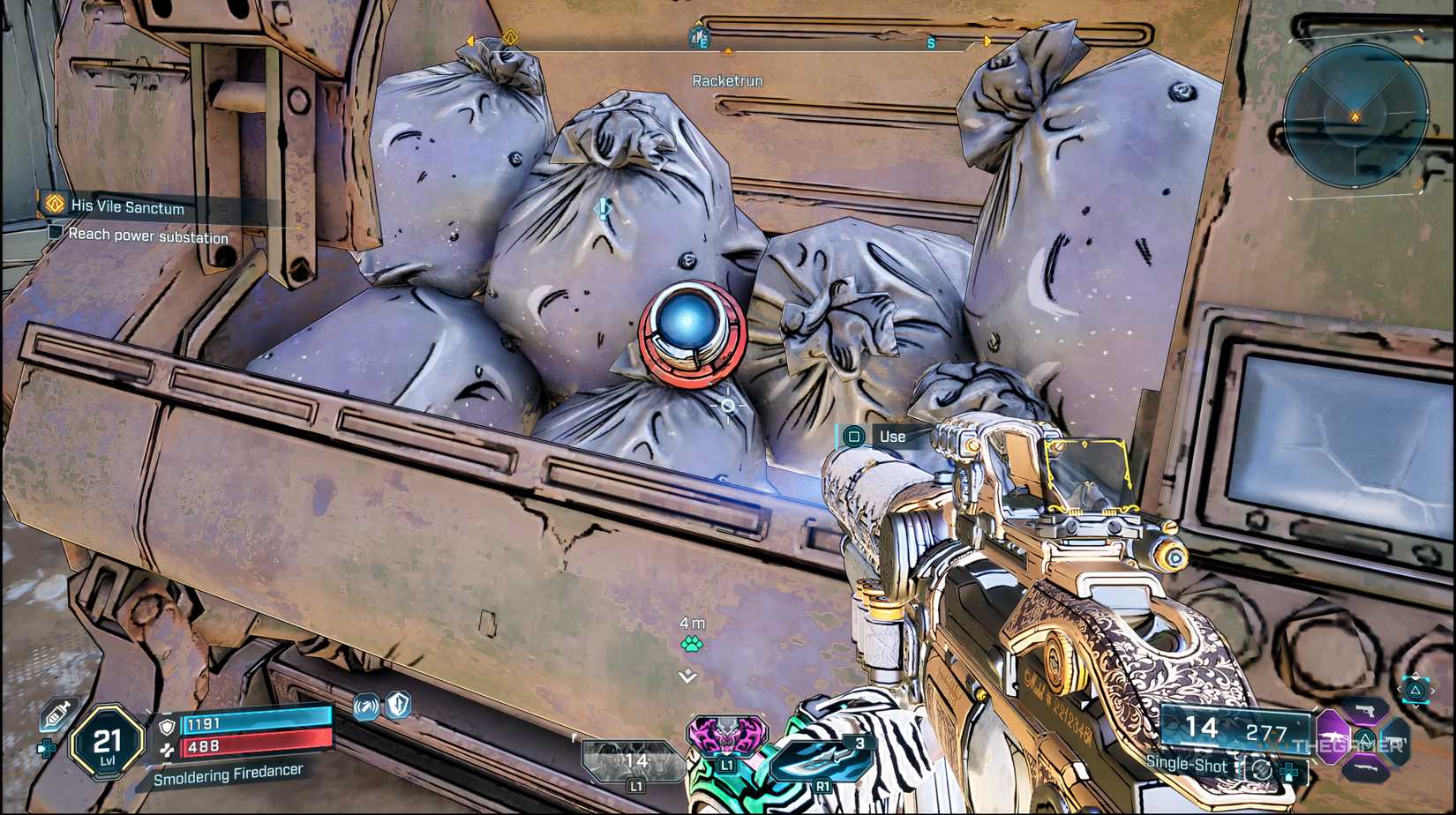 The player looking at Claptrap's eye in a trash bin in Borderlands 4. 