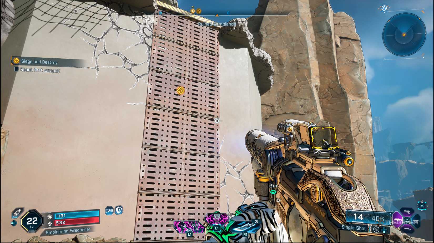 The player looking at a wall to climb up on in Borderlands 4.