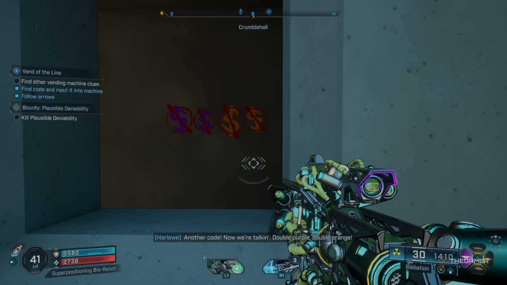 two purple and two orange dollar signs, all crossed out, are visible through a window in borderlands 4.