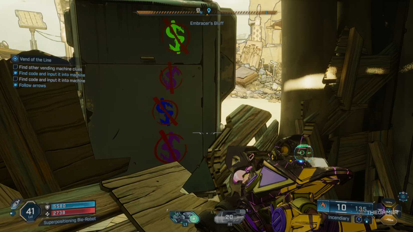 green, purple, and blue dollar-sign symbols, crossed out, are painted on the back of a vending machine in borderlands 4.