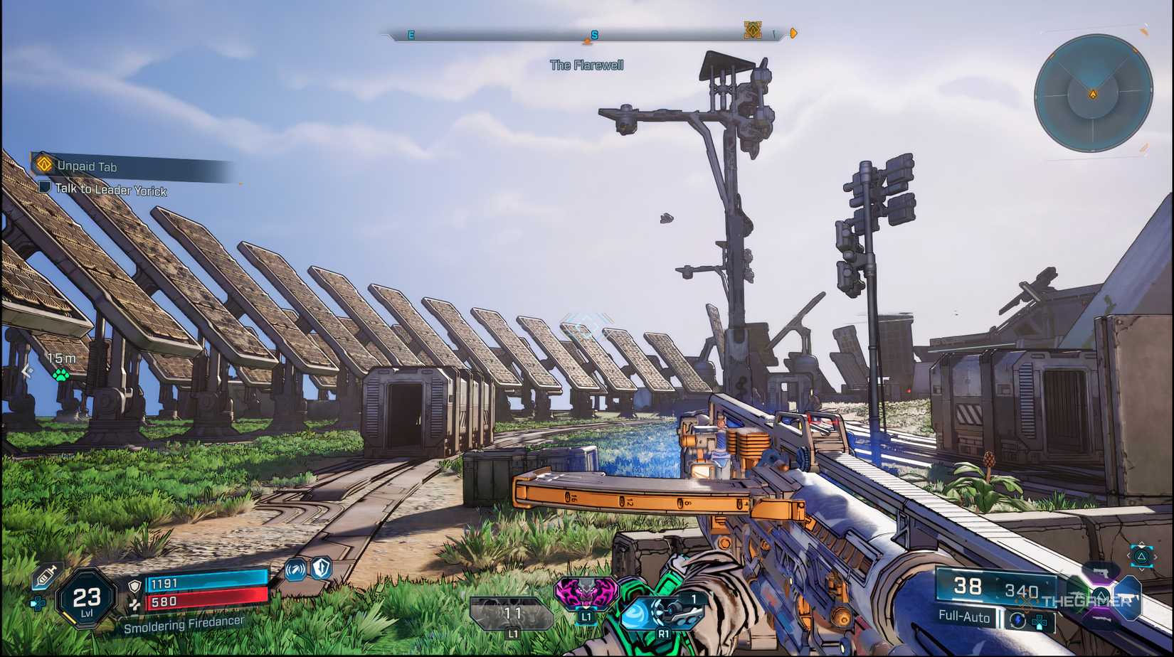 The player looking at a row of large solar panels in the Fadefields in Borderlands 4.
