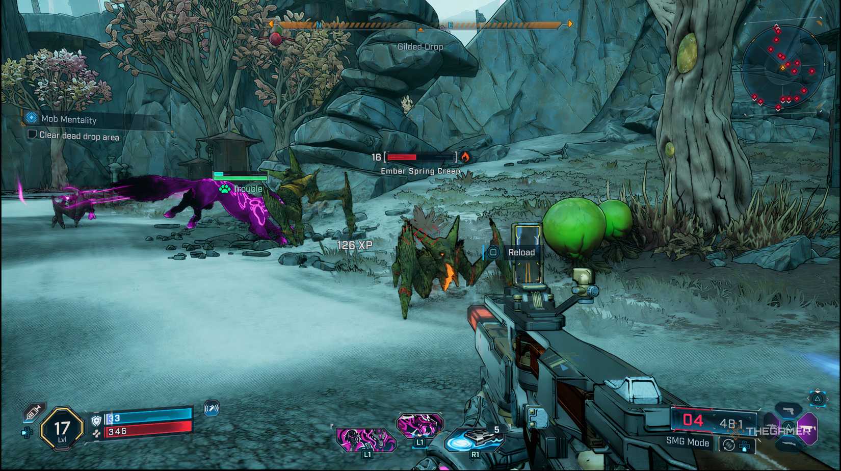 The player and Trouble fighiting Creeps in the Gilded Drop in Borderlands 4.