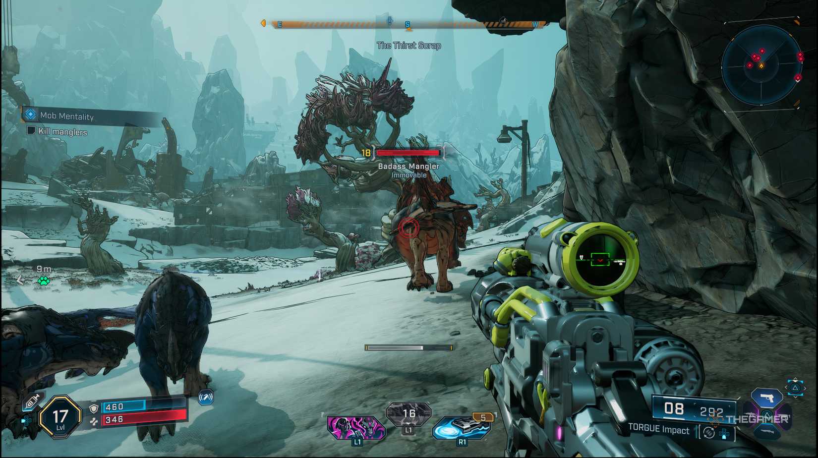 The player mid fight with a few Manglers in Borderlands 4. 